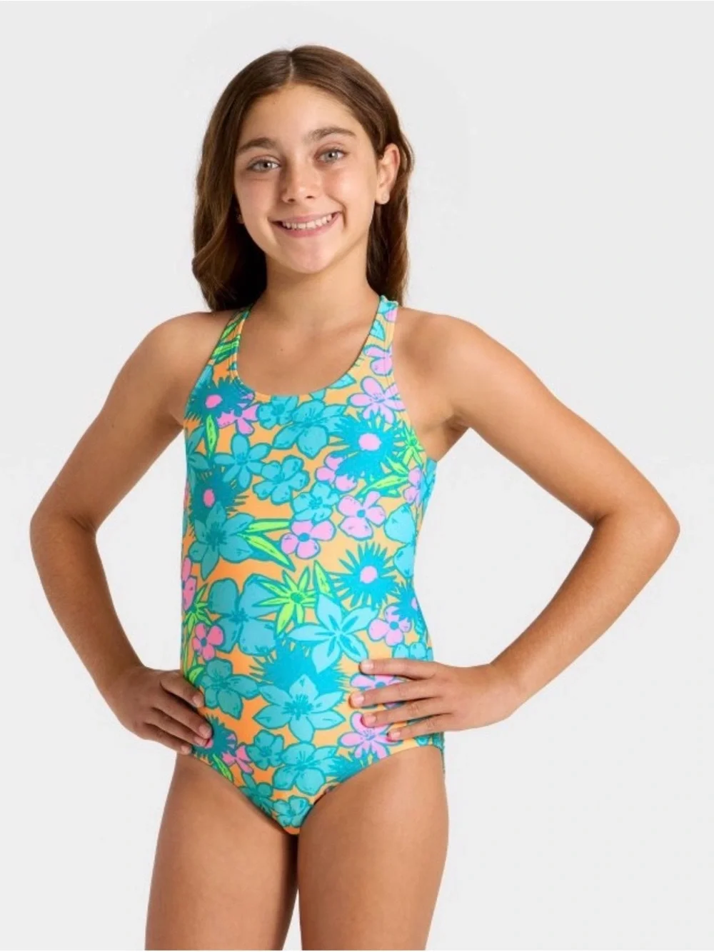 Cat & Jack Girls' Turquoise Floral One-Piece Swimsuit with Pink & Yellow Accents